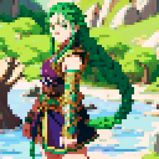 female warrior, vibrant green hair with braids, large sword, fantasy RPG character portrait