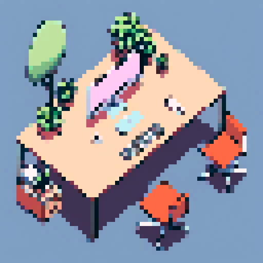 top down view, L-shaped desk, modern office, sprite, isolated