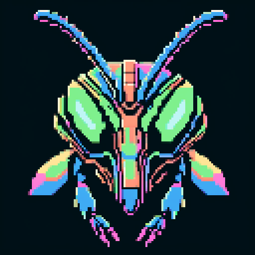 praying mantis helmet, retro 8-bit, intricate detailing, sharp angles, pixel art, 4 colors limit