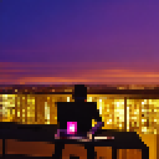 Silhouetted against a vibrant sunset, a teen boy sits in his stylishly decorated room, coding on his sleek laptop with the windows open, revealing a lush cityscape.