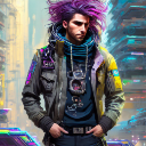 Long-haired, neon-clad netrunner/hacker, with a rebellious smirk, surrounded by floating circuitry and machinery, stands confidently in a bleak, smoky metropolis, his piercing gaze daring the dystopian world to try and contain him, all rendered in a stunningly detailed Fantasy RPG style.