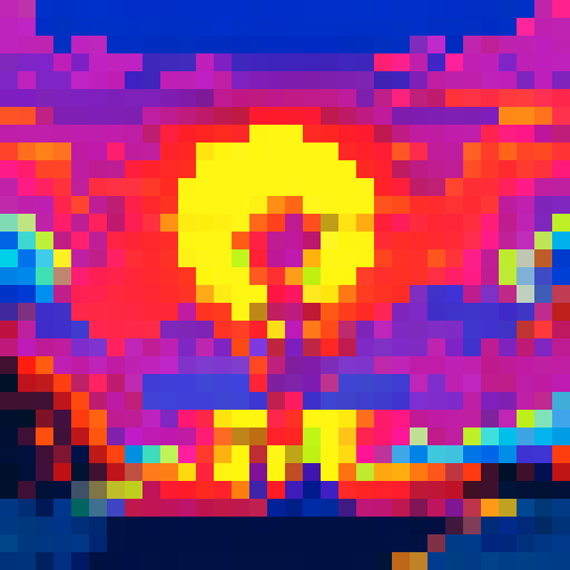 Sun-kissed, doe-eyed anime girl admiring the fiery sky as the sun sets behind a vibrant pixel art landscape, featuring a dreamy sRGB background