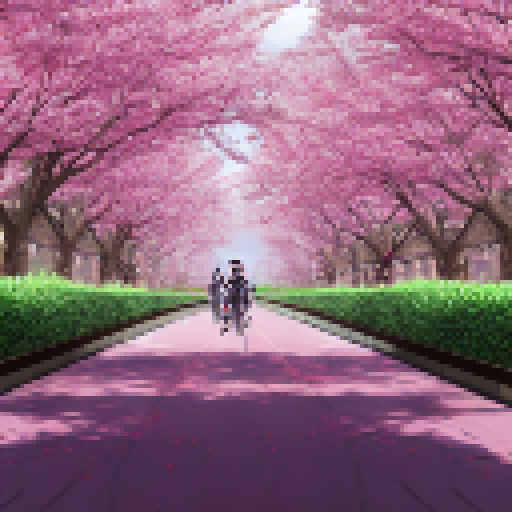 Bustling street scene amidst blooming pink cherry blossom trees, capturing the blur of speeding racers in a dynamic pop art style.