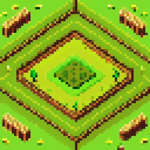 earth, grass, vibrant shades of green, intricate pixelated details, lively tufts of grass, textured soil, contrasting brown hues, seamless tile pattern, 2D game art, sRGB color space tile