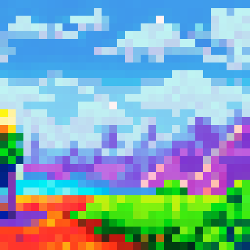 Anime character with vibrant, flowing hair in a pixel art style, against a scenic background with a breathtaking landscape