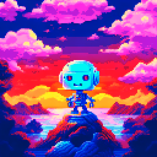 Robot head with heart eyes stands amidst a sea of delicate cherry blossoms in a pixelated landscape, emitting a square wave oscillator that forms a smile on its face