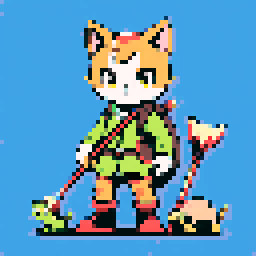 Cat, dog, turtle, standing as a front, holding broomsticks