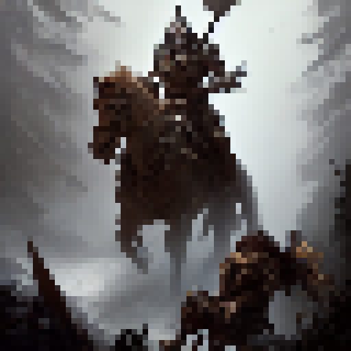 Orc warriors, wielding jagged axes and sporting fearsome bone armor, clash with human knights on horseback, surrounded by a misty forest and an ethereal glow, in a high-fantasy RPG world.