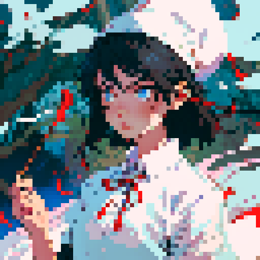 A girl, blue eyes, short black hair, white shirt, beige hat, red neck ribbon, holding an incense stick, night time in the forest background.