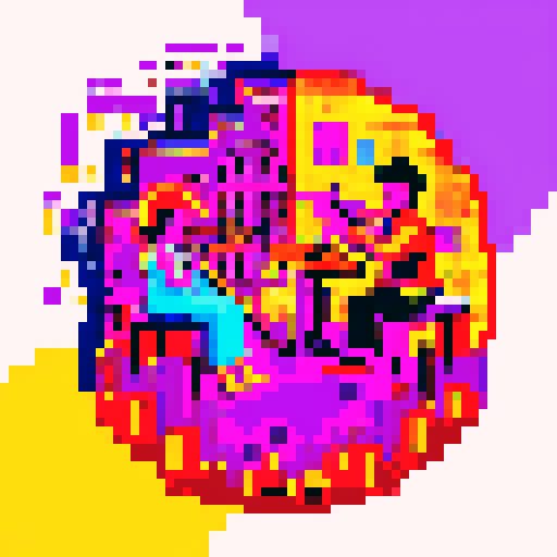 Vibrant jazz musicians, pixelated cityscape, saxophones, trumpets, neon lights, swirling colors, pixel art, sRGB