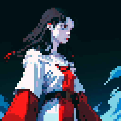 Tall, pale skin warrior with black hair and red robes, white prosthetic right arm, pixel art, sRGB