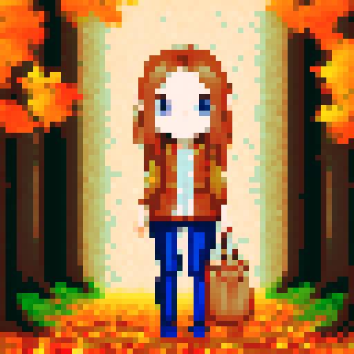 Kitsune girl, bag in hand, surrounded by vibrant autumn leaves, depicted in charming pixel art.