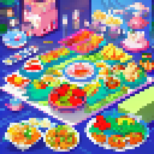 Food frenzy battle royale between overweight contenders with exaggerated features in vivid and vibrant anime style.