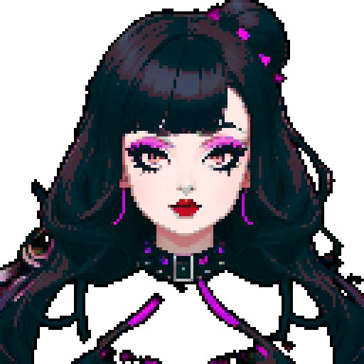 curvy, cute busty goth woman's face, whole head portrait, black hair, purple eyeshadow, red lipstick, low cut black  halter top, studded collar, vibrant sRGB colors, 