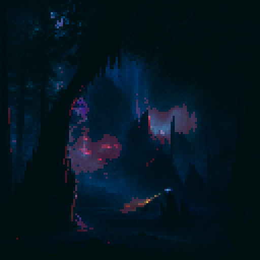 lonely, melancholic pokemon in a mystical, enchanted forest with vibrant, glowing flora and ancient ruins surrounded by misty, ethereal mountains