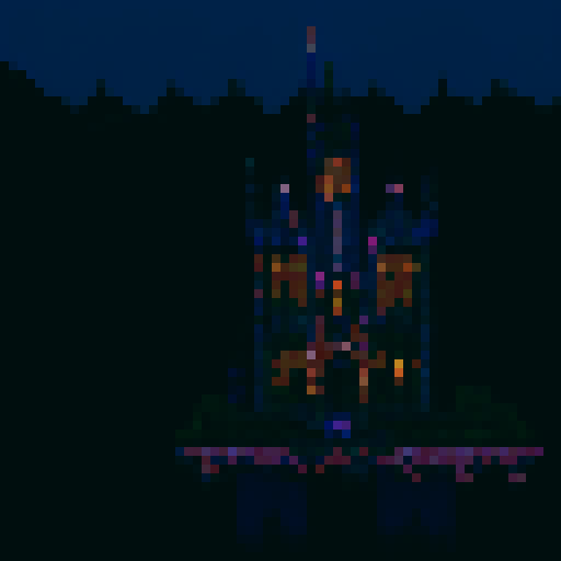Gothic castle, moonlit sky, bats circling, vampires soaring, pixelated spires.