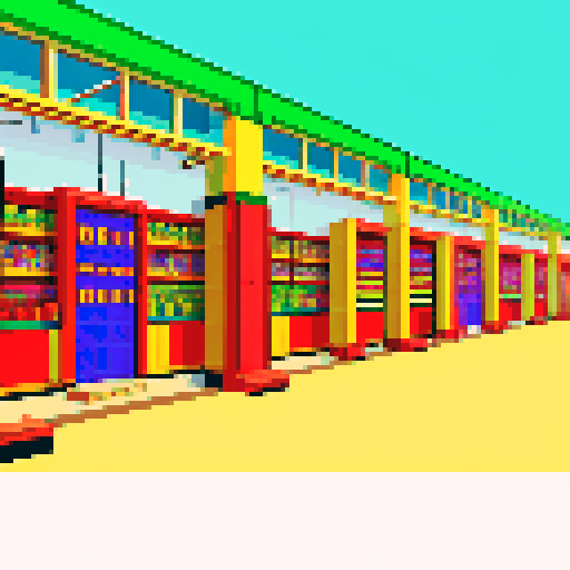 Wholesale building corridor, vibrant African colors, pixel art, sRGB, shelves with food crates