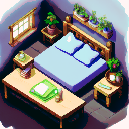 isometric view of a bedroom with a bed, a dresser, a desk with a laptop. a window, a table and chairs
