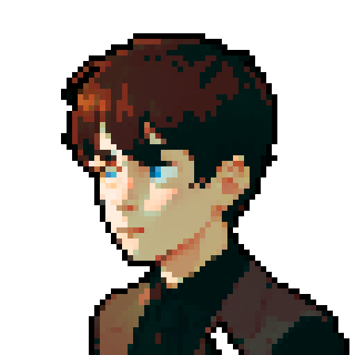 portrait, sprite art, young man, sad, narrow eyes, muted colors, depressed, city dweller, neutral, eccentric