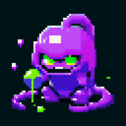dangerous slime, toxic purple hue, faint glow, sharp eyes, sinister expression, menacing, toxic bubbles, pixel art, sRGB