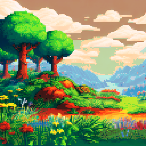 Rolling hills of emerald green, dotted with colorful wildflowers and framed by a deep blue sky, all rendered in crisp pixel art reminiscent of classic RPG backgrounds