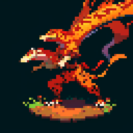 Gila Monster Pokemon, fiery red scales, rocky skin texture, pixel art style, sRGB color palette, ground-cracking footsteps, no background