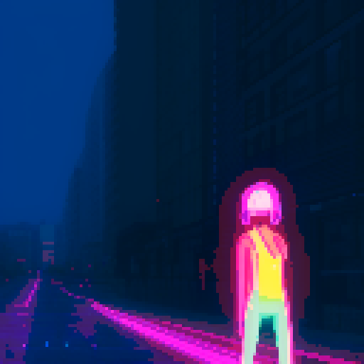 hacker girl, lonely rainy day, glowing neon codes, flickering screens, vibrant pixelated cityscape, futuristic attire, headphones, city lights reflecting on wet pavement