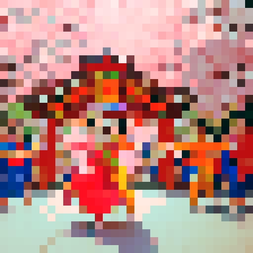 Chinese children, vibrant traditional garments, pixel art, sRGB, lively expressions, delicate embroidery, intricate patterns, vivid color palette, playful poses, cultural celebration, auspicious symbols, joyous atmosphere, bustling cityscape, lantern-lit streets, dragon dance, fluttering paper fans, blossoming cherry blossoms, ornate headpieces, graceful movements, animated pixels, cultural pride