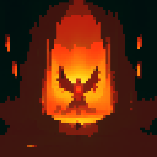 Living ember of flame, glowing orange and yellow against a dark, cavernous backdrop, surrounded by ominous shadows and sharp, jagged rocks, evoking an atmosphere of danger and excitement in a fantasy RPG world