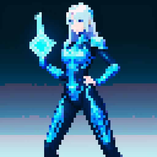 tall, slender human, silver hair, ice-blue eyes, midnight-blue armor, rune engravings, mystique, power, pixel art, sRGB, girl, 2D game stance