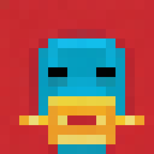  a pixelated character (a goos/duck) with a large square blue head, two black square eyes, and a straight yellow mouth. The character has a small body in proportion to its head, with a yellow rectangular torso and blue arms. It is placed centrally against a plain red background.