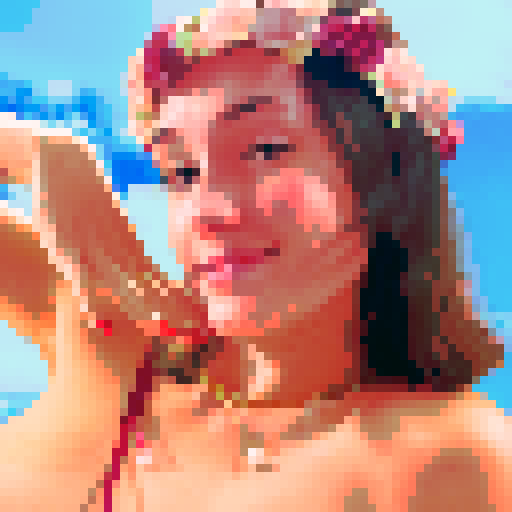 A radiant young woman with chestnut-brown hair, adorned with a delicate floral crown of soft pink and deep red roses. Her warm smile exudes confidence and grace, as she poses elegantly, her hand showcasing golden rings and freshly painted nails. A pearl pendant dangles from a gold chain around her neck, catching the light with a subtle shimmer. Rendered in a dreamy, digitally enhanced portrait, set against a mesmerizing, iridescent background of swirling blues and purples, captured in a vibrant 