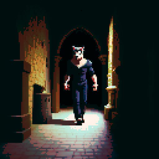 A man changing into a werewolf in a old castle hallway.