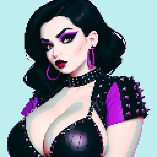 curvy, busty goth, cute goth woman's face, black hair, purple eyeshadow, red lipstick, studded leather string bikini, face portrait, beauty photo, vibrant sRGB colors, pixel art