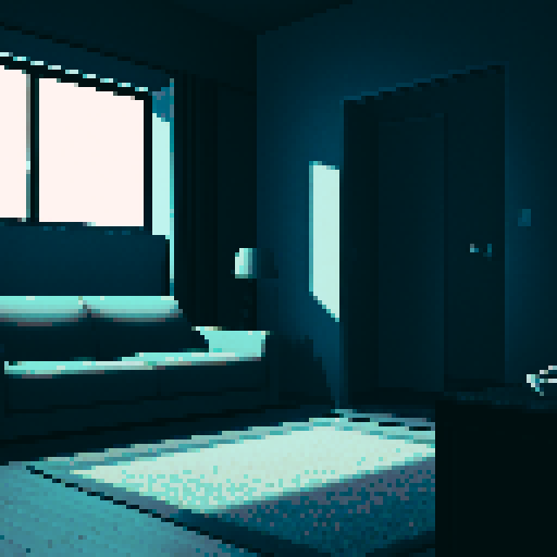 dark apartment interior at night, melancholy, depressed, lonely man's apartment, sadness, dimly lit, bare