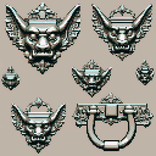 simple, geometrical pieces from old door knocker and gargoyles. It should be seen as if on a wall, with no perspective, on a solid-color background. There should one be two or three pieces in each frame, it shouldn't be complete.