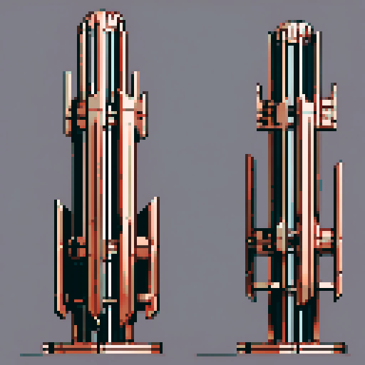 I want a tall vertical copper structure reminiscent of a organ pipe. It should have strange mechanical details that could interlock with each other. I also want this object usable an asset in a videogame, meaning only one object per image, outlined with a strong black stroke, on a solid-color background.