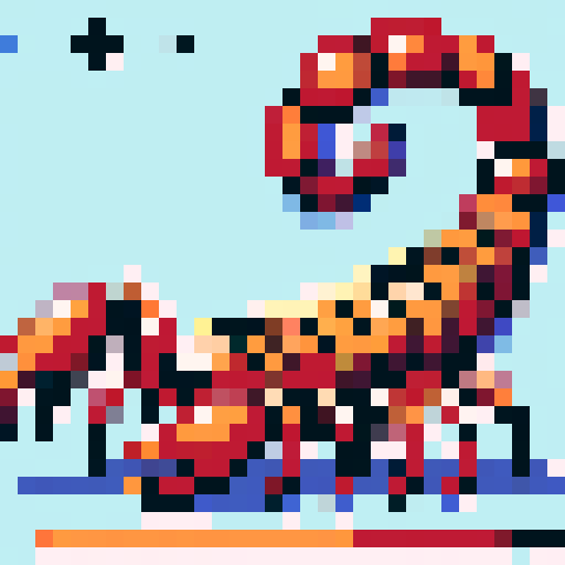 scorpion enemy, pixel art, sRGB, menacing silhouette, vibrant colors, jagged pincers, segmented body, poisonous stinger, menacing eyes, textured exoskeleton