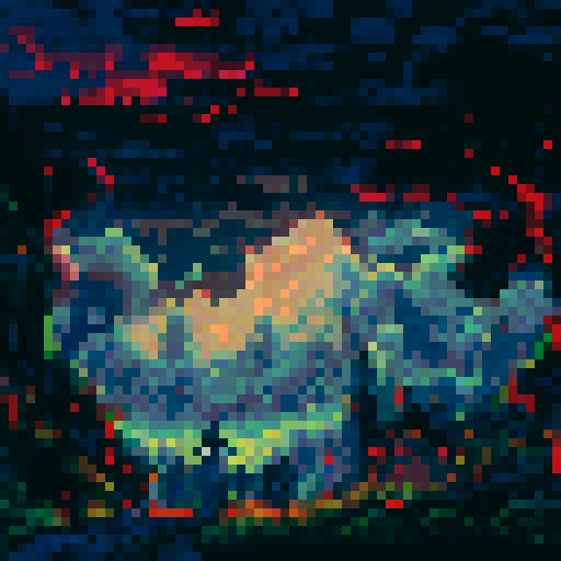 Haunted mansion, looming atop a hill, with a winding cobblestone pathway leading to its entrance, under a dark night sky filled with ominous thunderclouds and sporadic bursts of lightning, all depicted in vivid pixel art, showcasing the eerie sRGB color palette, creating a haunting background landscape