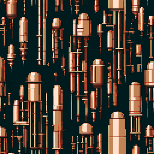 I want a tall vertical copper structure reminiscent of a organ pipe. It should have strange mechanical details that could interlock with each other. I also want this object usable an asset in a videogame, meaning only one object per image, outlined with a strong black stroke, on a solid-color background.