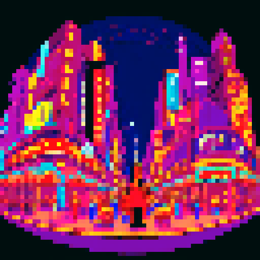 Vibrant jazz musicians, pixelated cityscape, saxophones, trumpets, neon lights, swirling colors, pixel art, sRGB