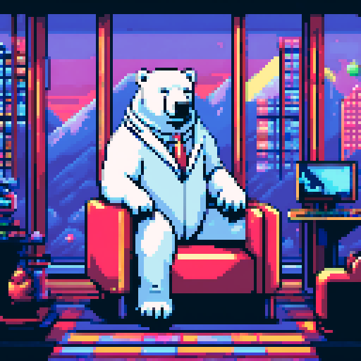 "An 8-bit pixel art of a wealthy polar bear in a high-tech mansion. The bear, in a suit and sunglasses, lounges on a sleek sofa surrounded by holographic displays, LED lighting, and smart glass walls. Crypto symbols glow on digital panels, and a workstation with trading charts highlights his success. A panoramic window reveals icy mountains, blending luxury and futuristic tech."