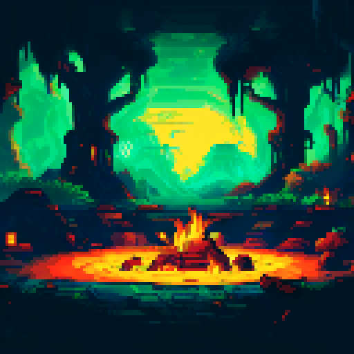 Cave with dark stalagmites on the top and bottom and a central shrine area flanked by fiery torches with a platform in the center. Below the platform in the center of the piece is a pile of treasure and gold and loot.