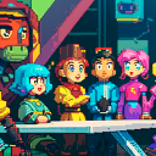 pixelated, colorful, retro, 5 individuals, terrified, distant, robot, table