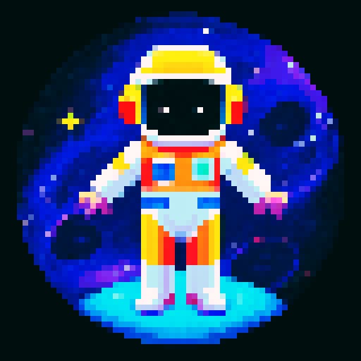 space traveler in vibrant pixel art spacesuit, with a helmet showcasing a reflective visor, surrounded by swirling galaxies, twinkling stars, and celestial wonders, all rendered in space color palette.