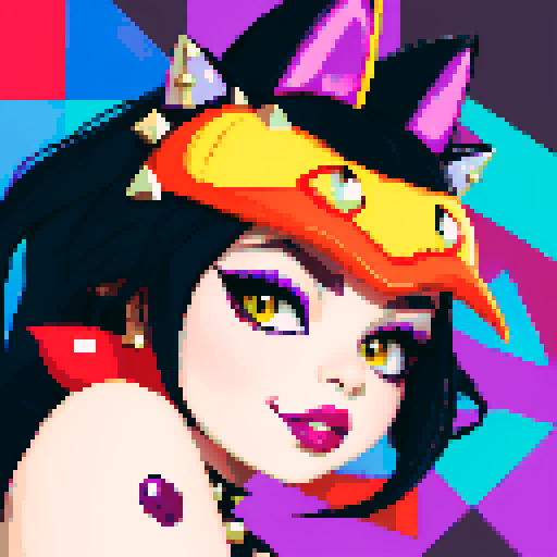 curvy, cute goth cat girl face, black hair, purple eyeshadow, red lipstick, studded leather, face portrait, glamour shot, vibrant sRGB colors, pixel art