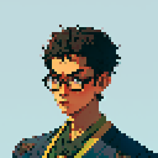 Southeast Asian man, short curly hair, round glasses, tanned