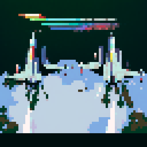 fighter jet squadron, sleek and powerful, soaring through the vast expanse of the sky, with vibrant pixelated details and a vibrant sRGB color palette