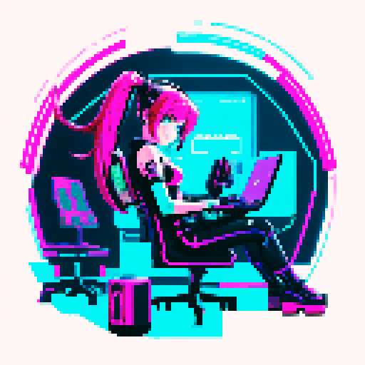 cute girl with a large cyberpunk scorpion tail, the girl is an anime inspired character with vibrant hair, expressive eyes, and a playful smile, the girl is playing computer games, tables with coca cola, bright yellow and cyan and pink lights