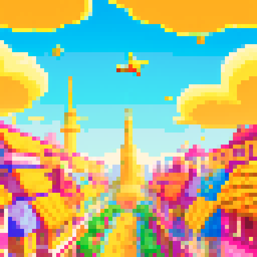 Imagine a vibrant, pixelated world known as Money Land, where the air is thick with the excitement of flying gold coins. This digital realm is filled with towering skyscrapers made of gleaming gold and silver, reflecting the bright, sunlit sky. Streets are lined with bustling marketplaces, where pixelated residents trade and barter using shimmering gold coins that seem to have a life of their own. In the sky above, gold coins of various sizes fly freely, leaving trails of glittering light in the